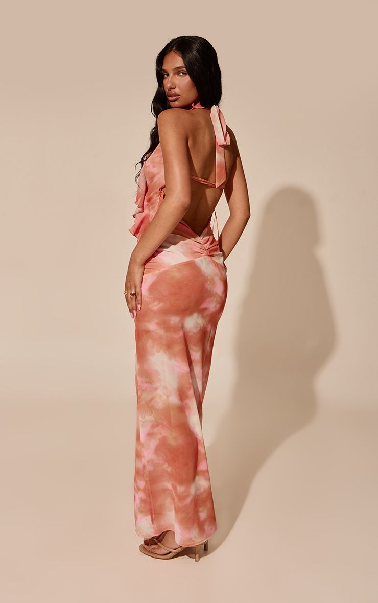PrettyLittleThing Orange Abstract Print Chiffon Plunge Frill Detail Maxi Dress - Image 2