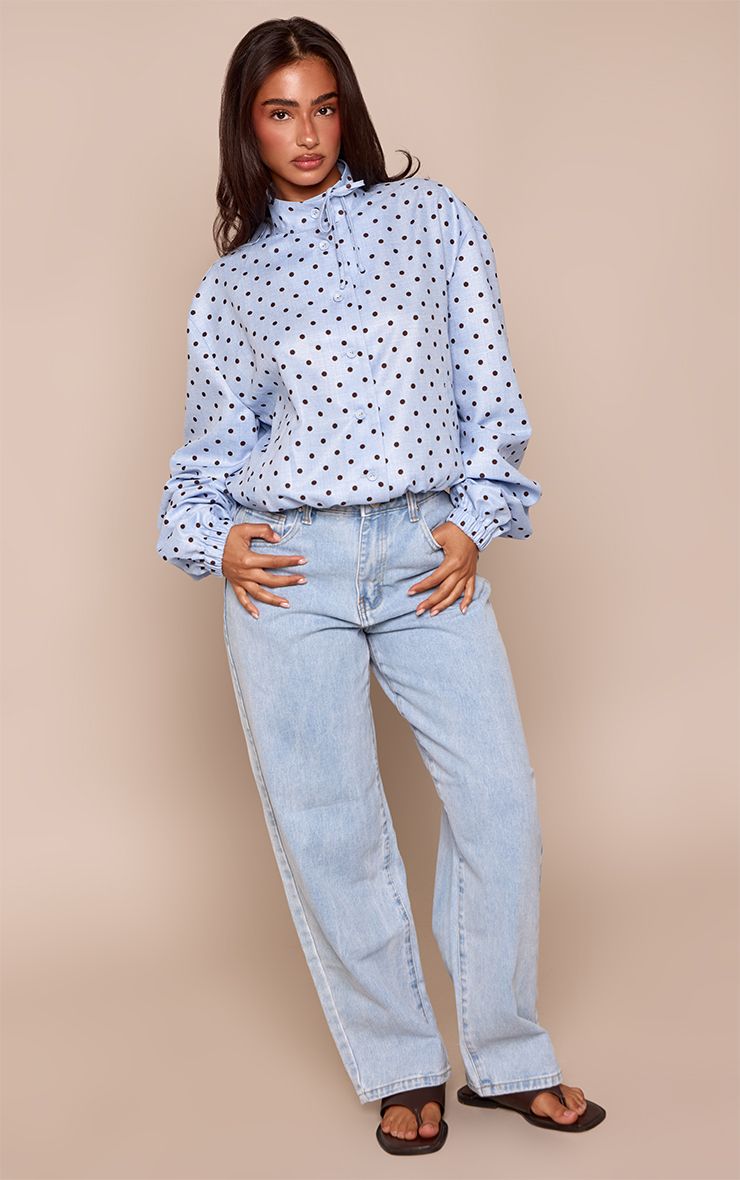 PrettyLittleThing Petite Blue Polka Dot High Neck Tie Detail Long Sleeve Shirt - Image 3