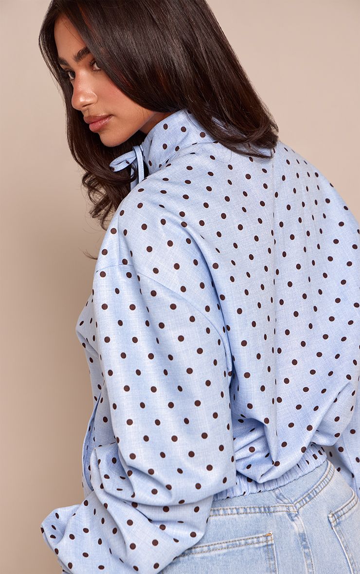 PrettyLittleThing Petite Blue Polka Dot High Neck Tie Detail Long Sleeve Shirt - Image 2