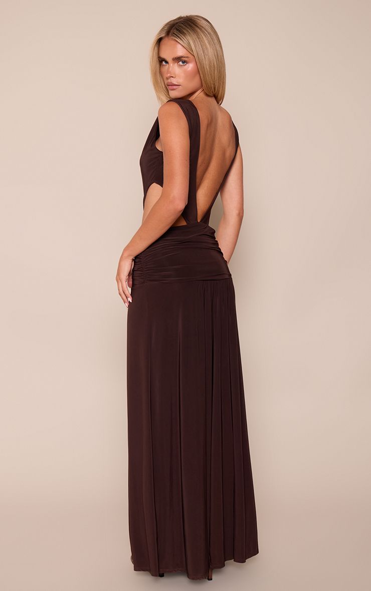 PrettyLittleThing Petite Chocolate Cut Out Side Detail Drape Detail Maxi Dress - Image 2