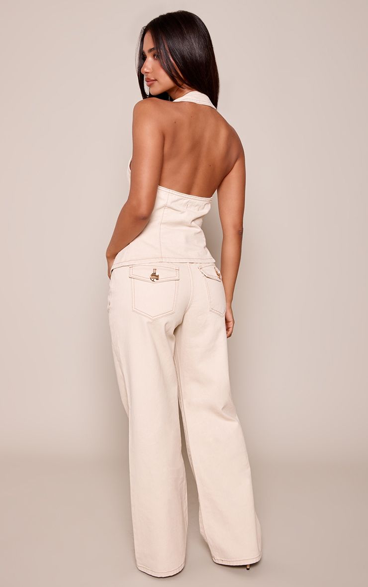 PrettyLittleThing Petite Ecru Trim Detail Wide Leg Denim Jeans - Image 3
