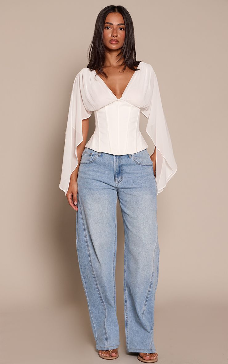 PrettyLittleThing Petite White Corset Waist Chiffon Drape Sleeve Top - Image 3