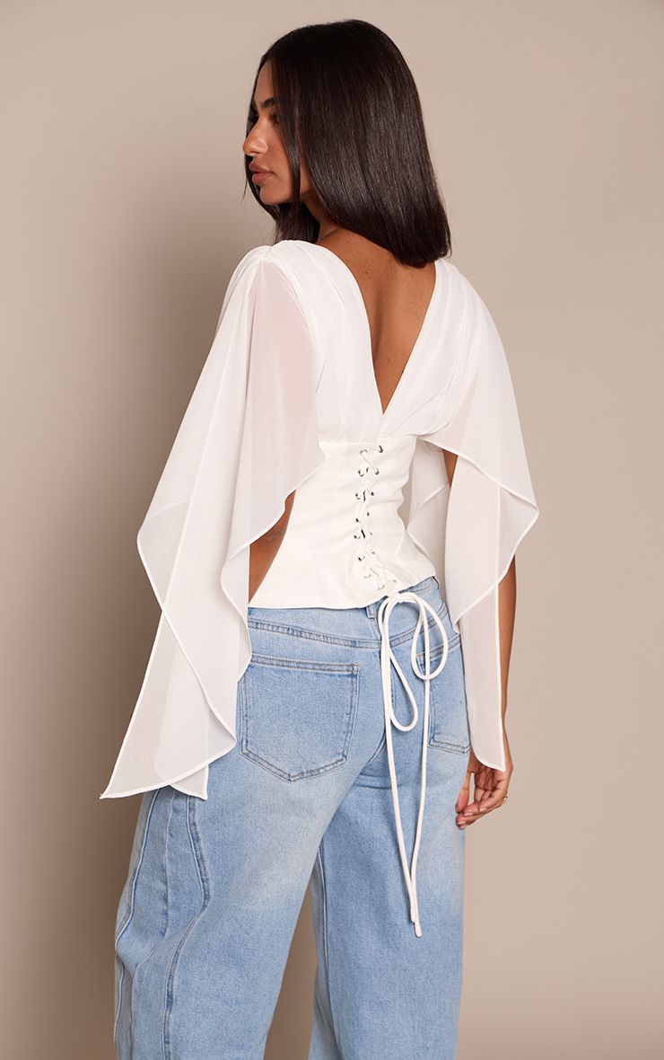 PrettyLittleThing Petite White Corset Waist Chiffon Drape Sleeve Top - Image 2
