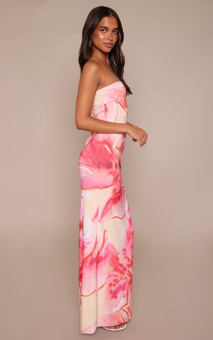 PrettyLittleThing Pink Flower Print Bandeau Maxi Dress - Image 3