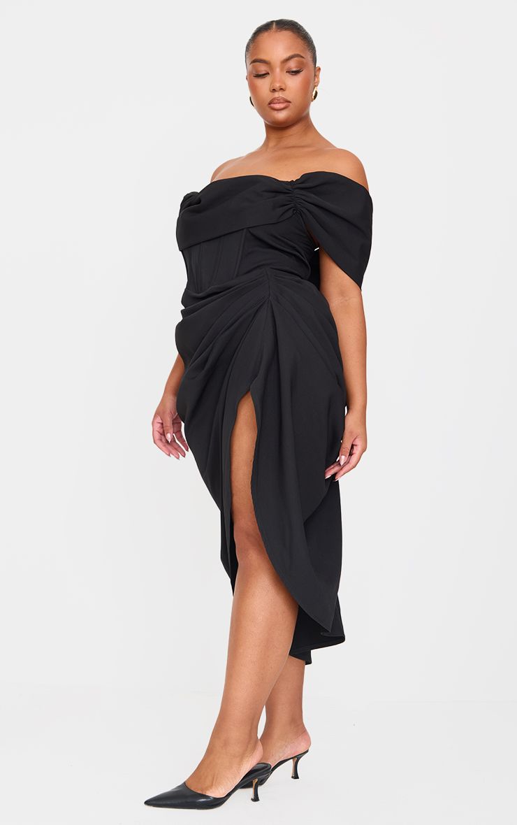 PrettyLittleThing Plus Black Corset Bardot Draped Midi Dress - Image 3