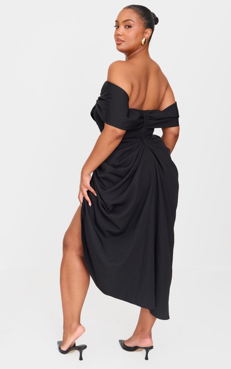 PrettyLittleThing Plus Black Corset Bardot Draped Midi Dress - Image 2