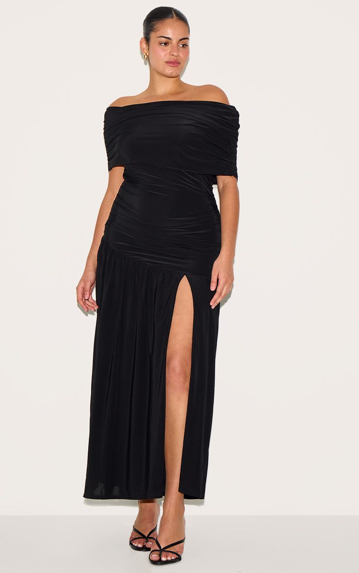 PrettyLittleThing Plus Black Double Layer Slinky Bardot Ruched Maxi Dress - Image 3