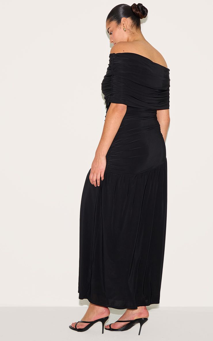 PrettyLittleThing Plus Black Double Layer Slinky Bardot Ruched Maxi Dress - Image 2