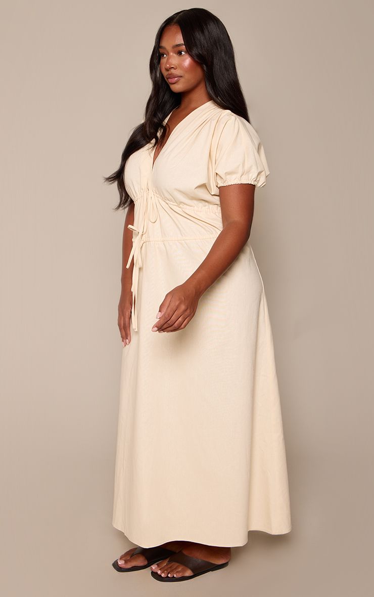 PrettyLittleThing Plus Buttermilk Tie Front Cotton Midaxi Dress - Image 3