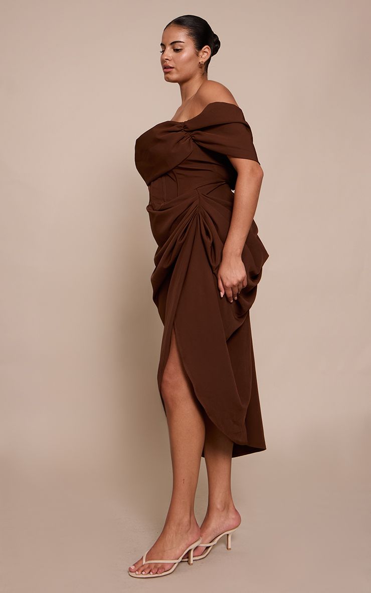 PrettyLittleThing Plus Chocolate Corset Bardot Draped Midi Dress - Image 3