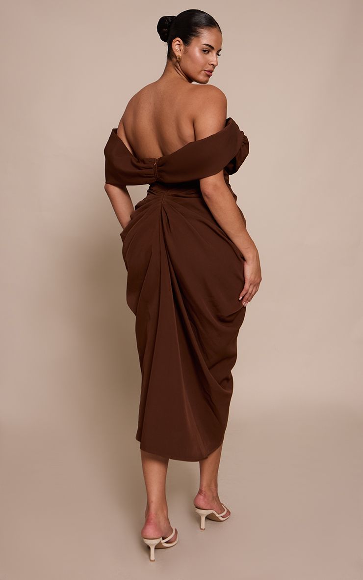 PrettyLittleThing Plus Chocolate Corset Bardot Draped Midi Dress - Image 2