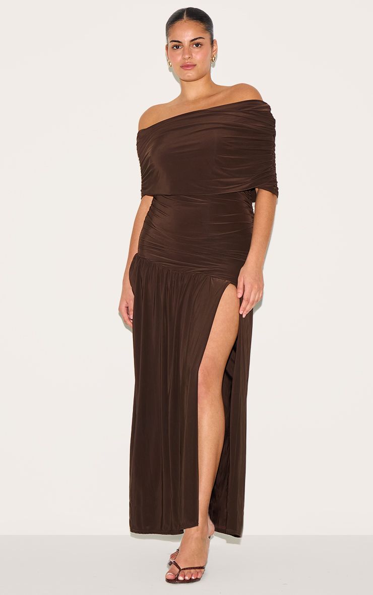 PrettyLittleThing Plus Chocolate Double Layer Slinky Bardot Ruched Maxi Dress - Image 3