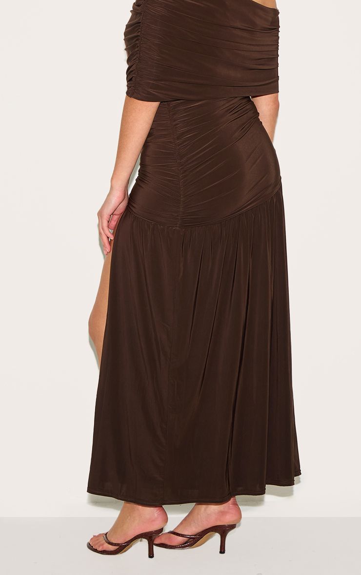 PrettyLittleThing Plus Chocolate Double Layer Slinky Bardot Ruched Maxi Dress - Image 2
