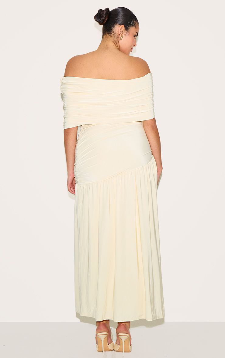 PrettyLittleThing Plus Cream Double Layer Slinky Bardot Ruched Maxi Dress - Image 2