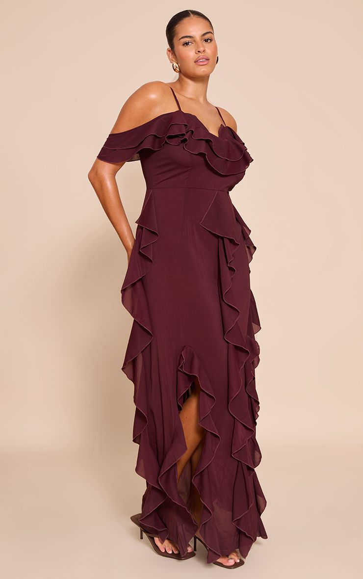 PrettyLittleThing Plus Plum Cold Shoulder Ruffle Detail Strappy Maxi Dress - Image 3