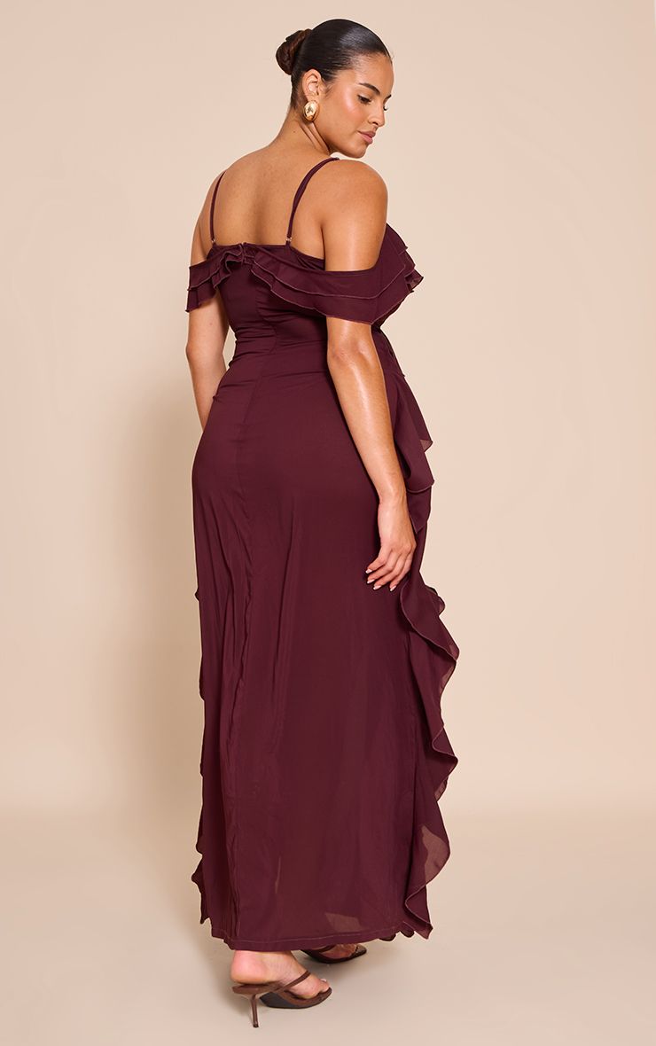 PrettyLittleThing Plus Plum Cold Shoulder Ruffle Detail Strappy Maxi Dress - Image 2