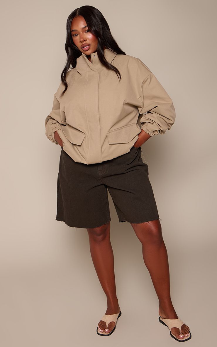 PrettyLittleThing Plus Stone Ruched Sleeve Detail Funnel Neck Bomber - Image 3