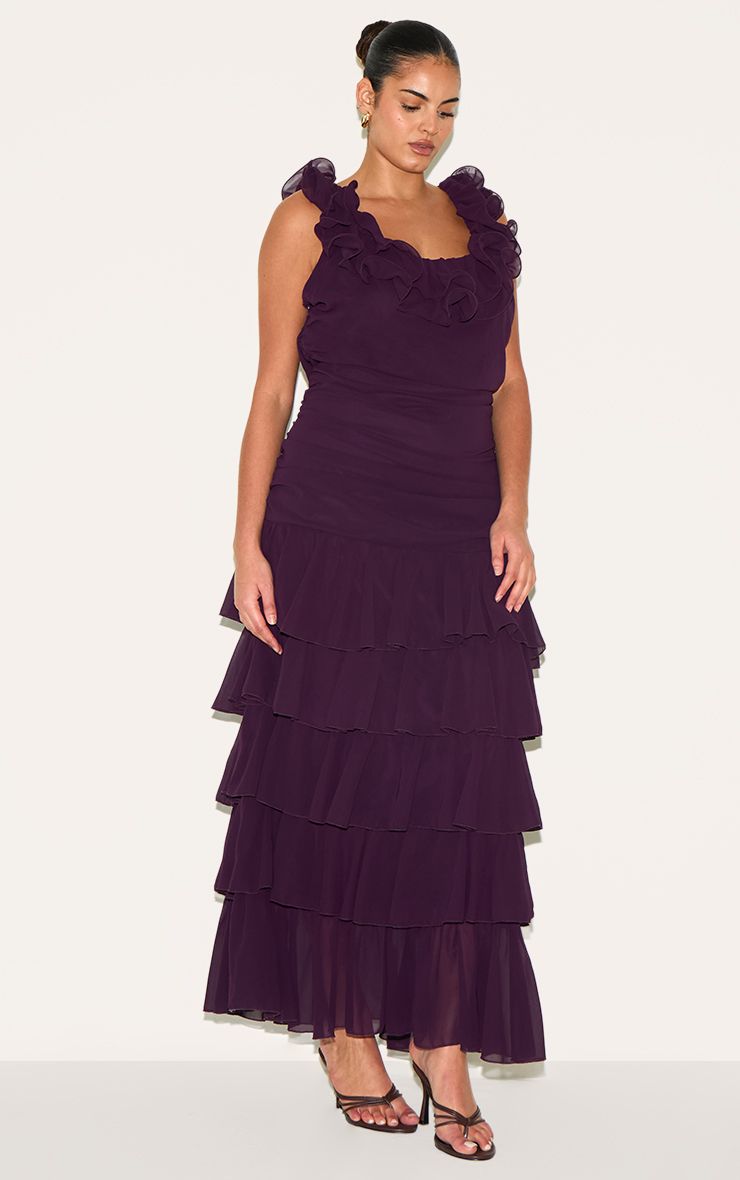 PrettyLittleThing Plus Wine Chiffon Ruched Ruffle Maxi Dress - Image 3