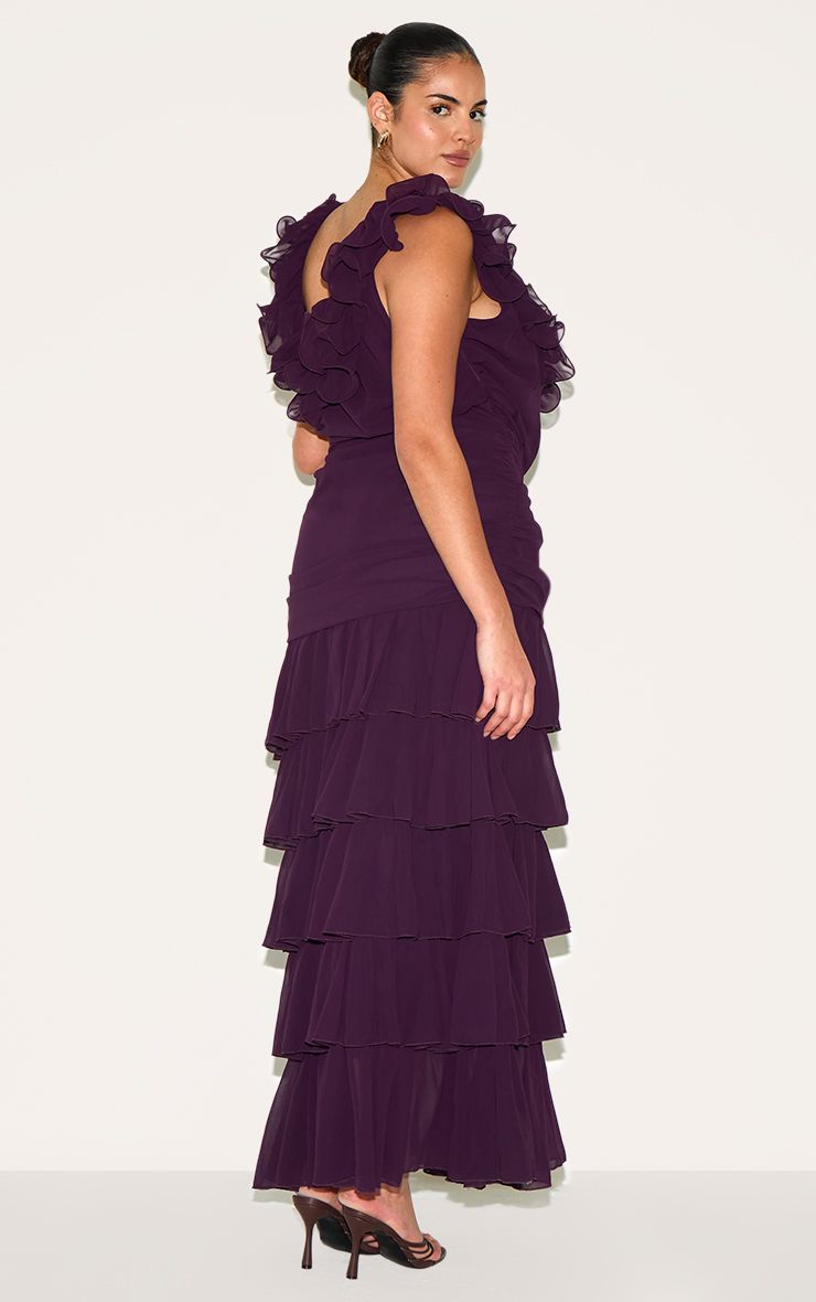 PrettyLittleThing Plus Wine Chiffon Ruched Ruffle Maxi Dress - Image 2