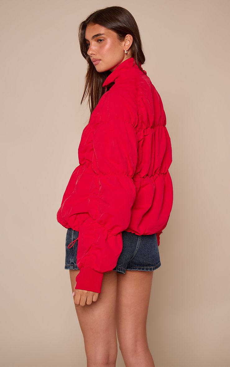 PrettyLittleThing RED Ruched Zip Through Windbreaker - Image 2