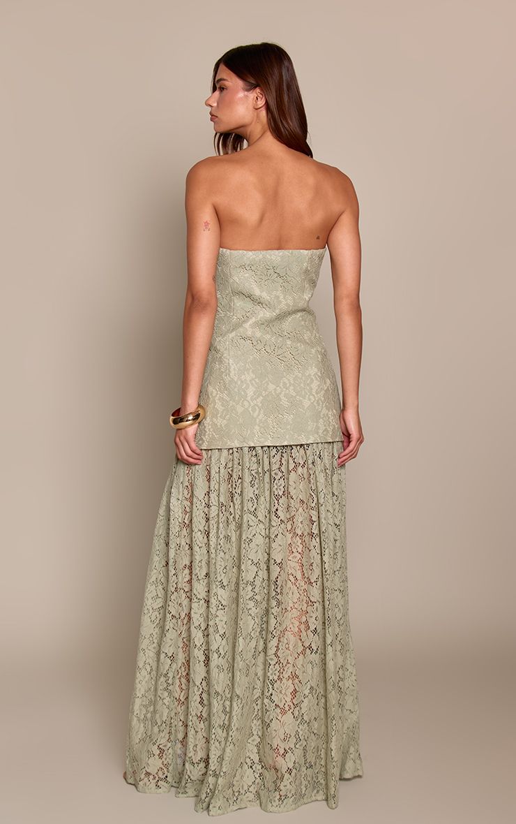 PrettyLittleThing Sage Lace Sheer Skirt Panel Bandeau Midaxi Dress - Image 3