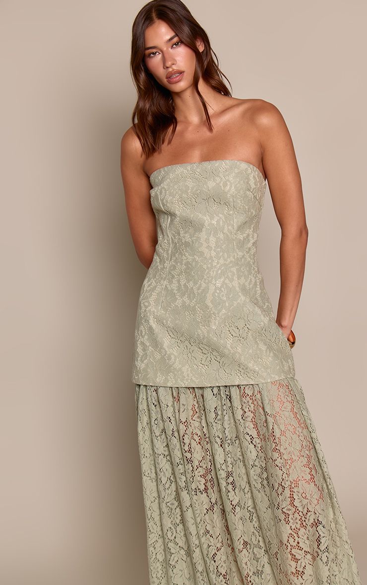 PrettyLittleThing Sage Lace Sheer Skirt Panel Bandeau Midaxi Dress - Image 2