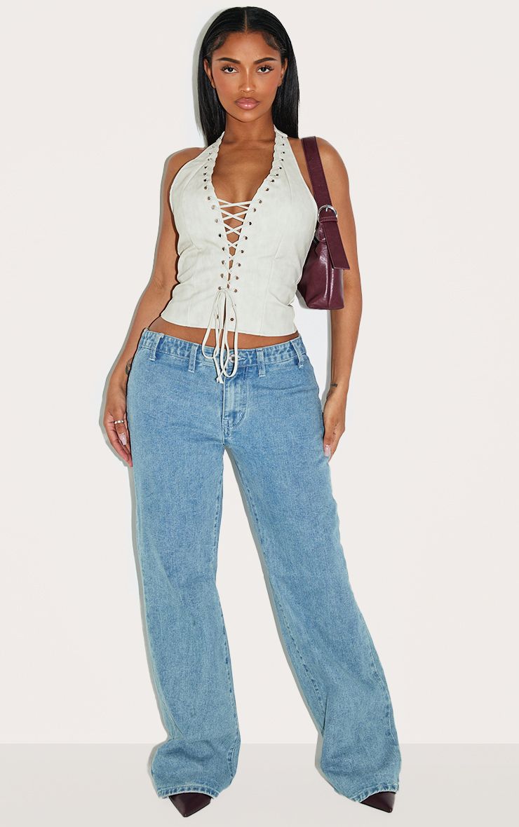 PrettyLittleThing Shape BLACK Faux Leather Halter Neck Lace Up Corset - Image 3