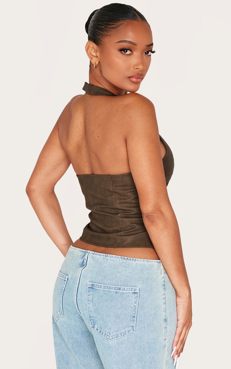 PrettyLittleThing Shape BLACK Faux Leather Halter Neck Lace Up Corset - Image 2
