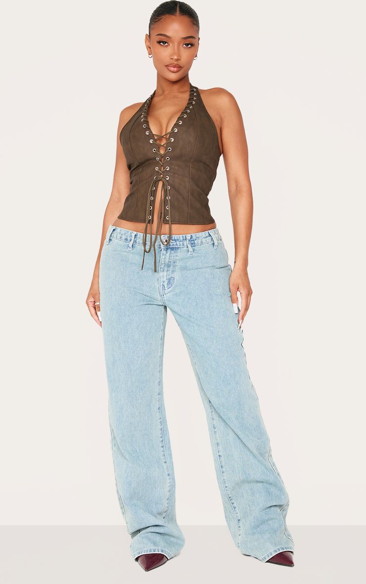 PrettyLittleThing Shape BLACK Faux Leather Halter Neck Lace Up Corset - Image 3