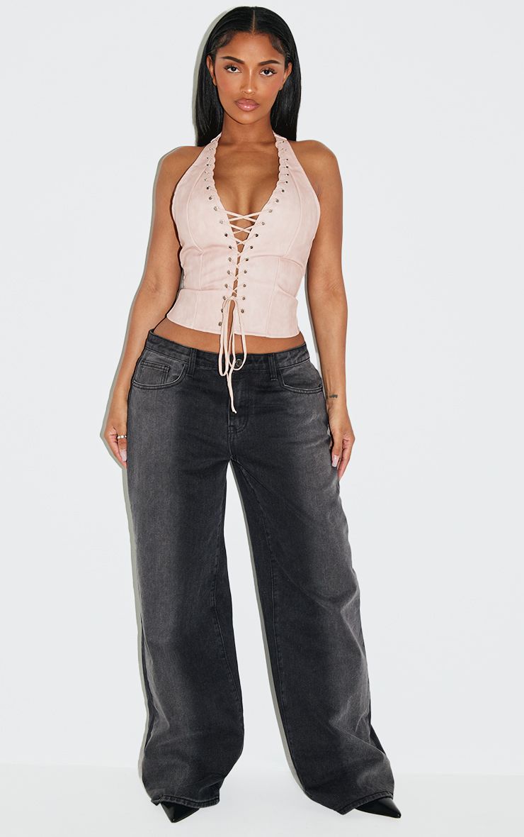 PrettyLittleThing Shape BLACK Faux Leather Halter Neck Lace Up Corset - Image 3