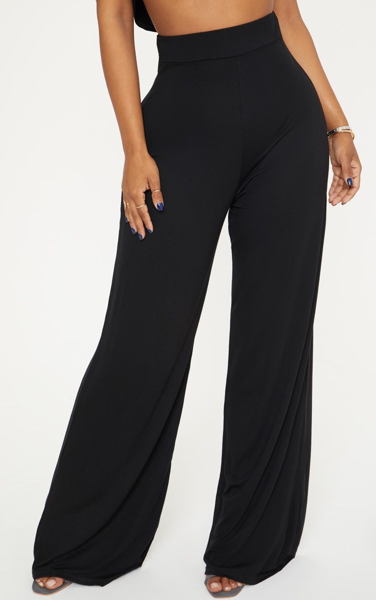 PrettyLittleThing Shape Black Jersey Wide Leg Trousers - Image 2