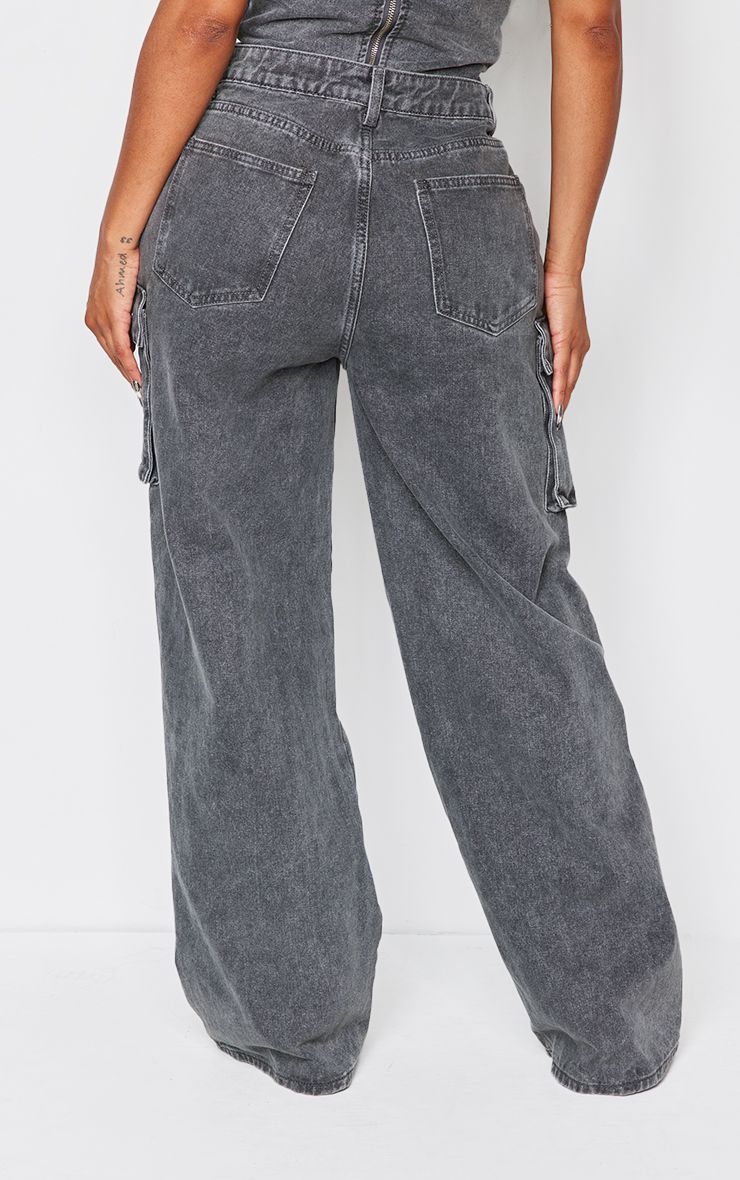 PrettyLittleThing Shape Charcoal Wash Denim Pocket Detail Cargo Jeans - Image 3