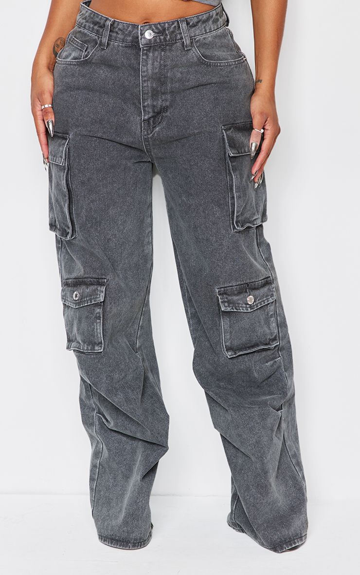 PrettyLittleThing Shape Charcoal Wash Denim Pocket Detail Cargo Jeans - Image 2