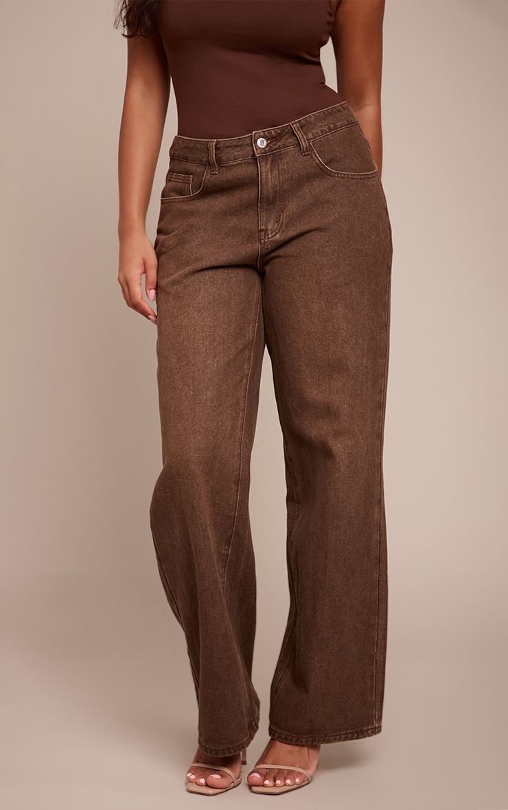 PrettyLittleThing Shape Chocolate Wash Low Rise Washed Jadore Print Wide Leg Denim Jeans - Image 3
