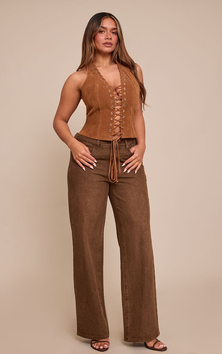 PrettyLittleThing Shape Chocolate Wash Low Rise Washed Jadore Print Wide Leg Denim Jeans - Image 2