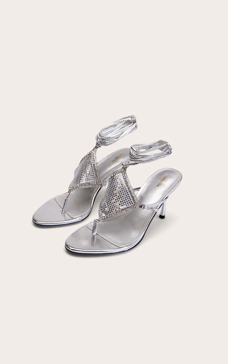 PrettyLittleThing Silver Triangle Lace Up Toe Thong Heeled Sandals - Image 3