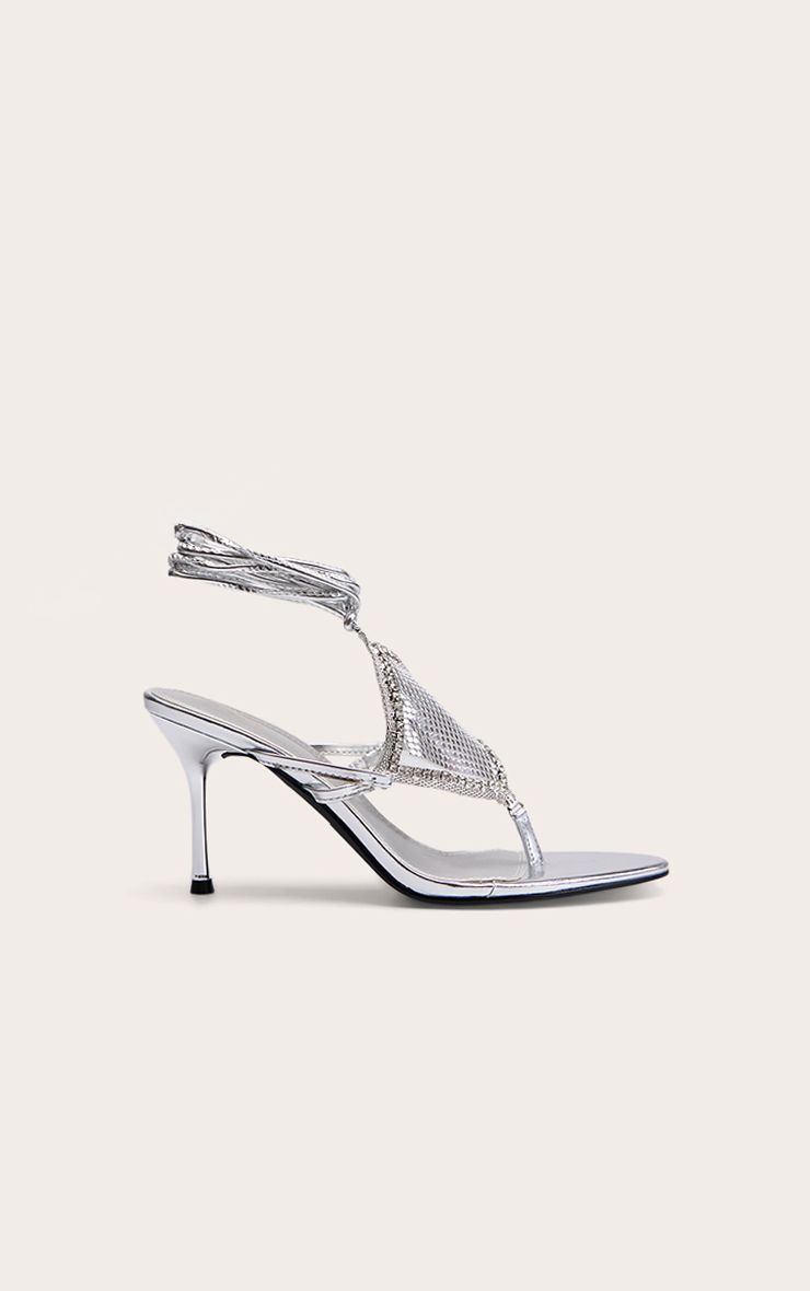 PrettyLittleThing Silver Triangle Lace Up Toe Thong Heeled Sandals - Image 2