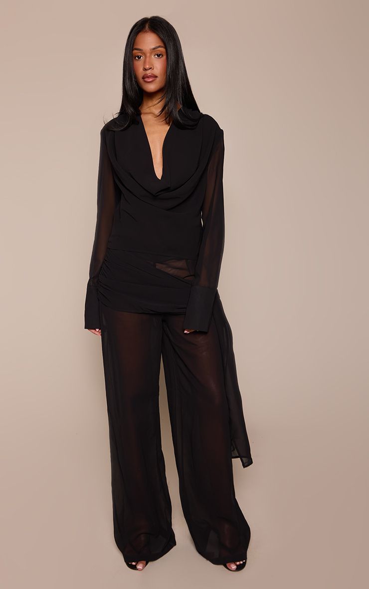 PrettyLittleThing Tall Black Chiffon Cowl Neck Tight Sleeved Top Co-ord - Image 3