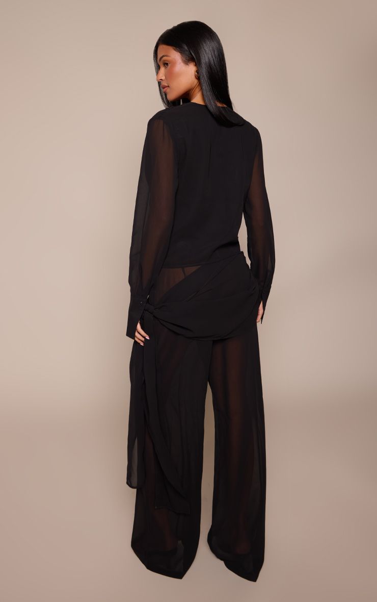 PrettyLittleThing Tall Black Chiffon Ruched Tie Trousers Co-ord - Image 3