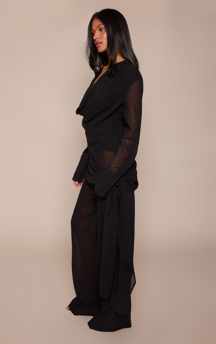 PrettyLittleThing Tall Black Chiffon Ruched Tie Trousers Co-ord - Image 2