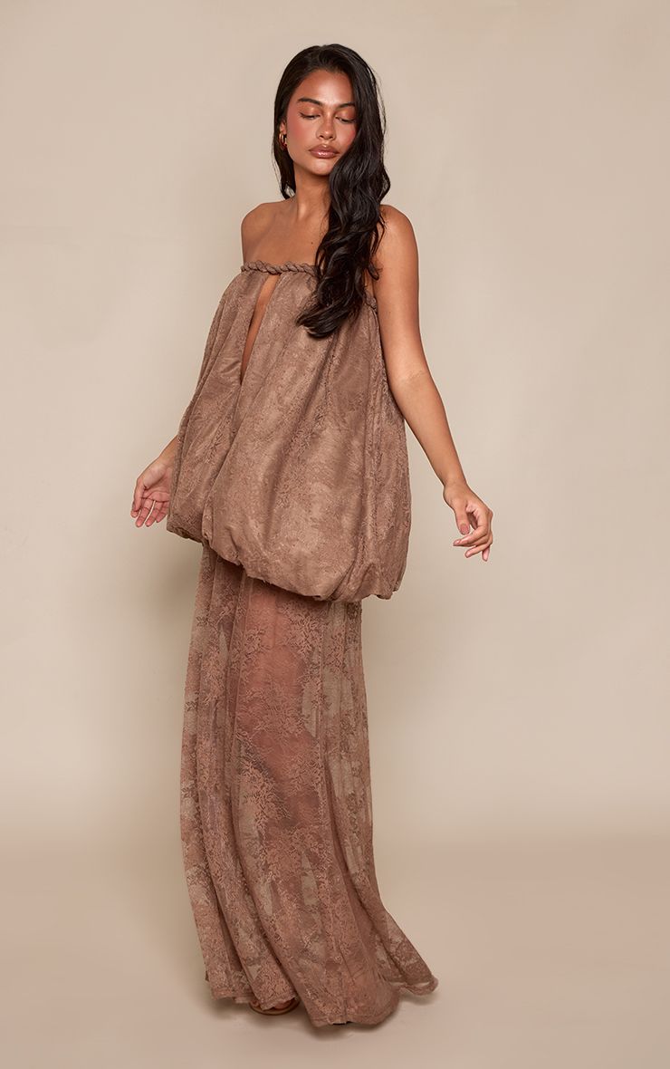 PrettyLittleThing Taupe Bandeau Lace Extreme Puffball Maxi Dress - Image 3