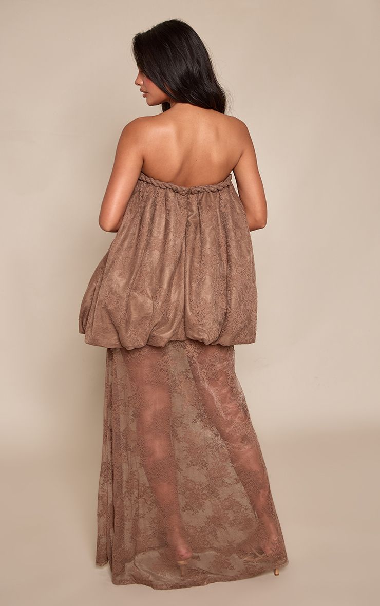 PrettyLittleThing Taupe Bandeau Lace Extreme Puffball Maxi Dress - Image 2