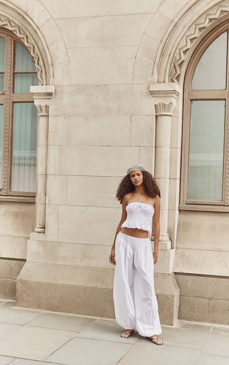 PrettyLittleThing White Bandeau Poplin Shirred Top Co-ord - Image 3