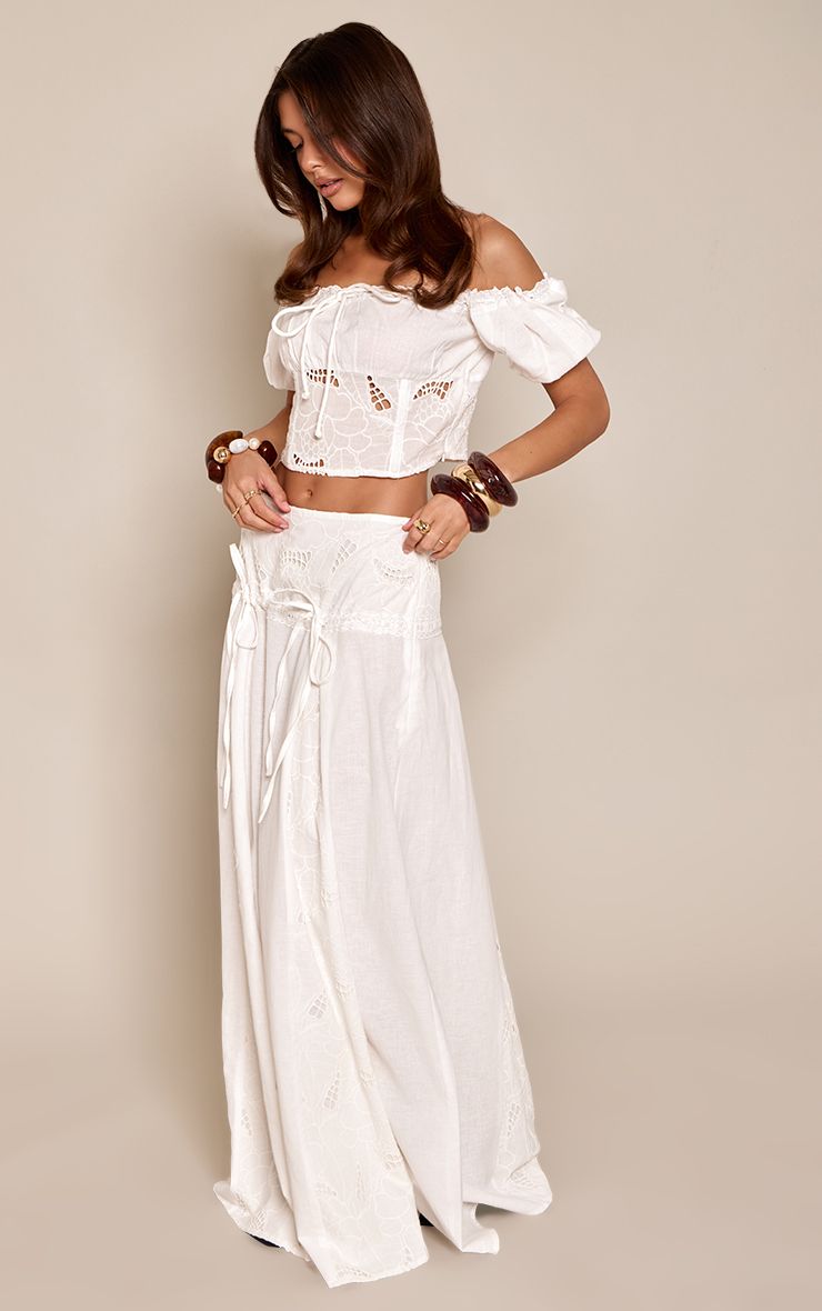 PrettyLittleThing White Embroidered Bow Detail Maxi Skirt Co-ord - Image 2