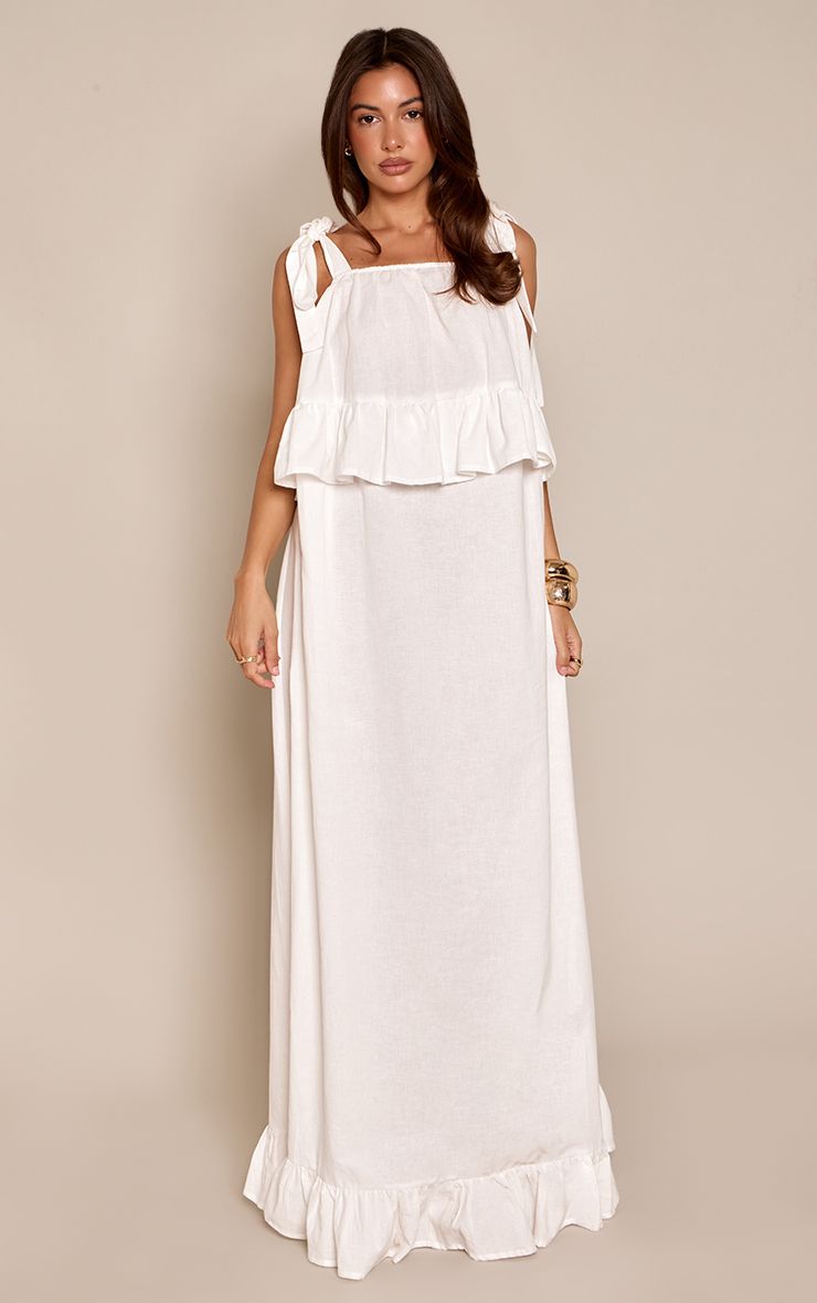 PrettyLittleThing White Linen Look Tiered Tie Strap Maxi Dress - Image 3