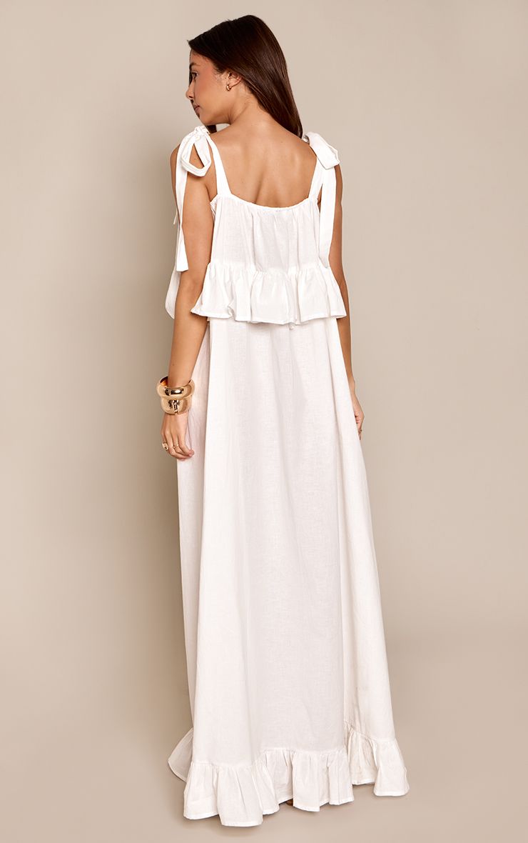 PrettyLittleThing White Linen Look Tiered Tie Strap Maxi Dress - Image 2