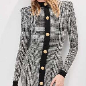 Prince of Wales Knit Long Sleeve Dress