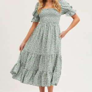 Print Puff Sleeve Tiered Maxi Dress