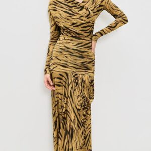GANNI Printed Shiny Jersey Ruched Long Dress