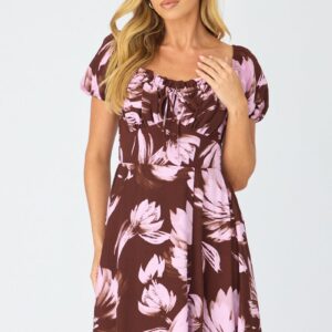 Purple Floral Midi Dress Puff Sleeve